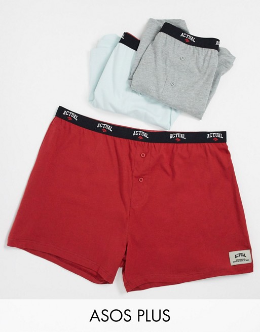 ASOS DESIGN Actual Plus 3 pack jersey boxers with actual branded waistband save