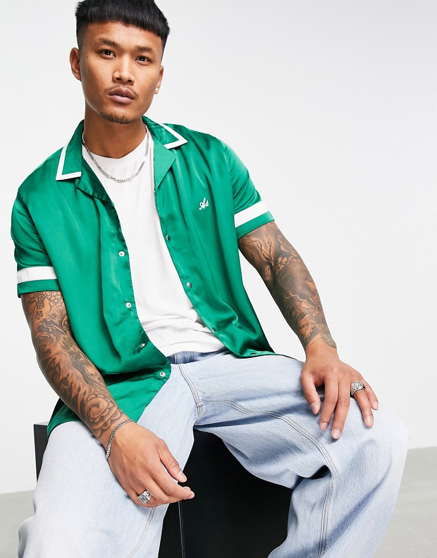 ASOS DESIGN Actual relaxed revere bowling shirt with embroidery logo-Green