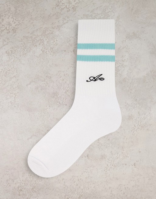 ASOS Actual sport sock with embroidered logo in white with blue stripe