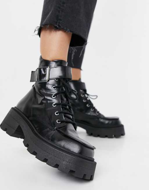 ASOS DESIGN Acute leather chunky square toe lace up boots in black | ASOS