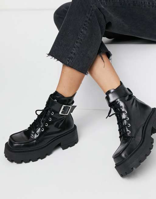 あarchive chunky lace-up boots mode ASOS DESIGN Acute leather chunky square toe lace up boots in black