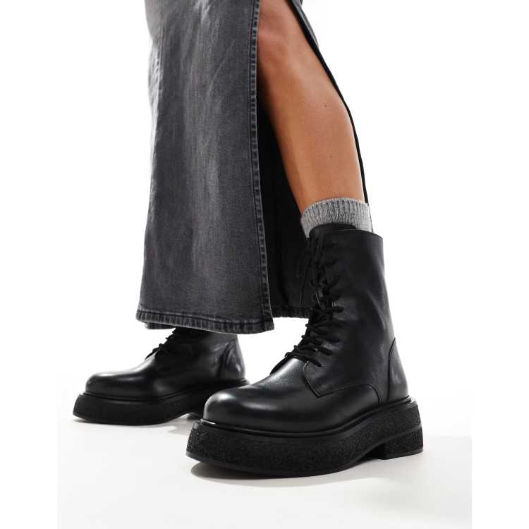 ASOS DESIGN Addison flat leather lace up boots in black ASOS