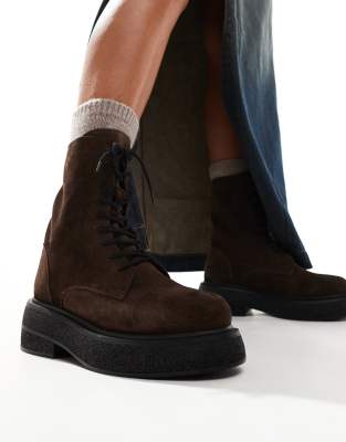 Addison flat leather lace up boots in brown suede