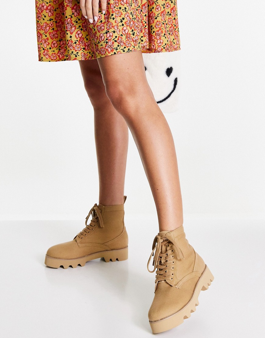 ASOS DESIGN Addition canvas lace up boots in beige-Neutral