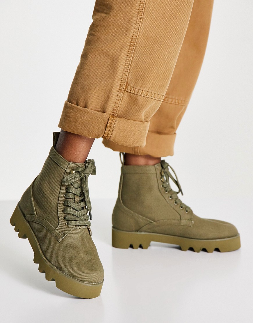 ASOS DESIGN Addition canvas lace up boots in khaki-Green