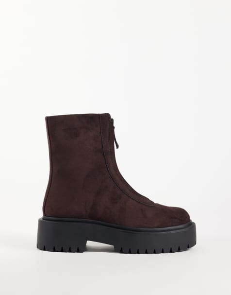 ASOS DESIGN Adeline front zip chunky ankle boots chocolate suedette - view 1
