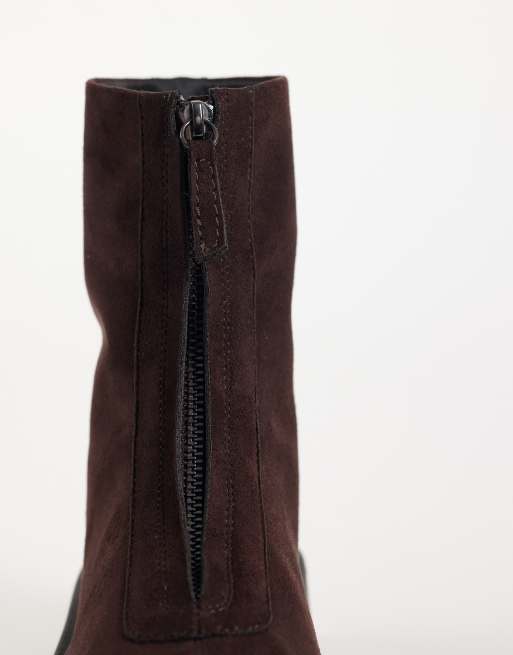 ASOS DESIGN Adeline front zip chunky ankle boots chocolate suedette, 4 of 4