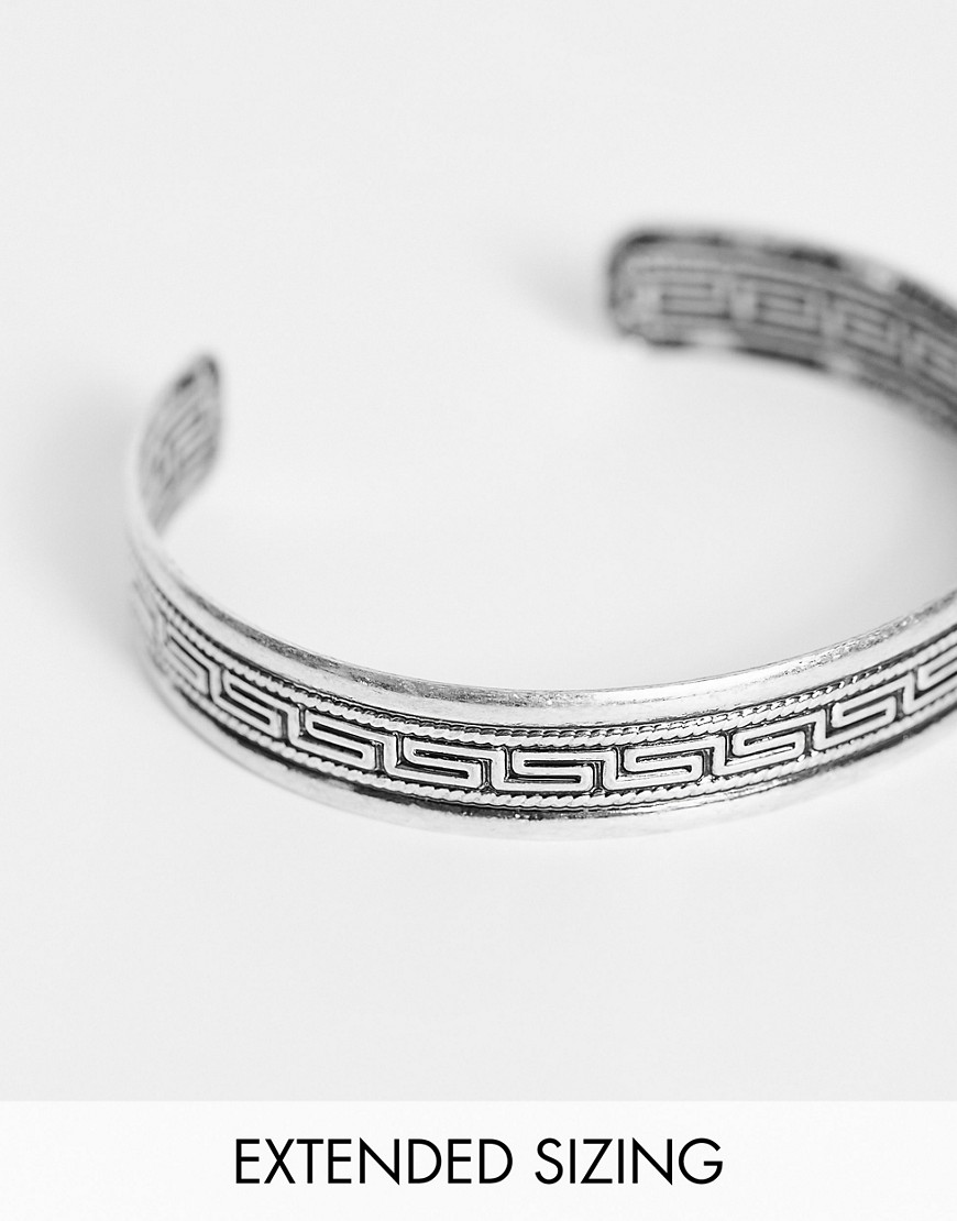 ASOS DESIGN ADJUSTABLE BANGLE WITH COLUMN EMBOSSING IN BURNISHED SILVER TONE