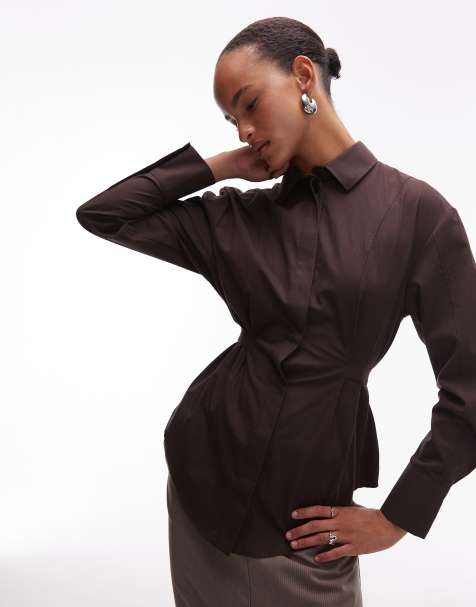 ASOS DESIGN adjustable cinched back shoulder pad shirt in chocolate - view 1