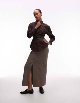 Asos Design Adjustable Cinched Back Shoulder Pad Shirt In Brown