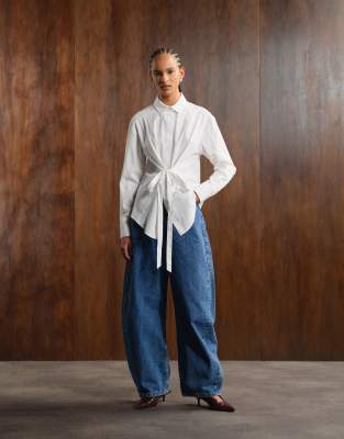 Asos Design Adjustable Cinched Back Shoulder Pad Shirt In White