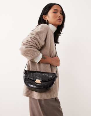 ASOS DESIGN ASOS DESIGN adjustable crossbody bag with clip hardware detail in black croc