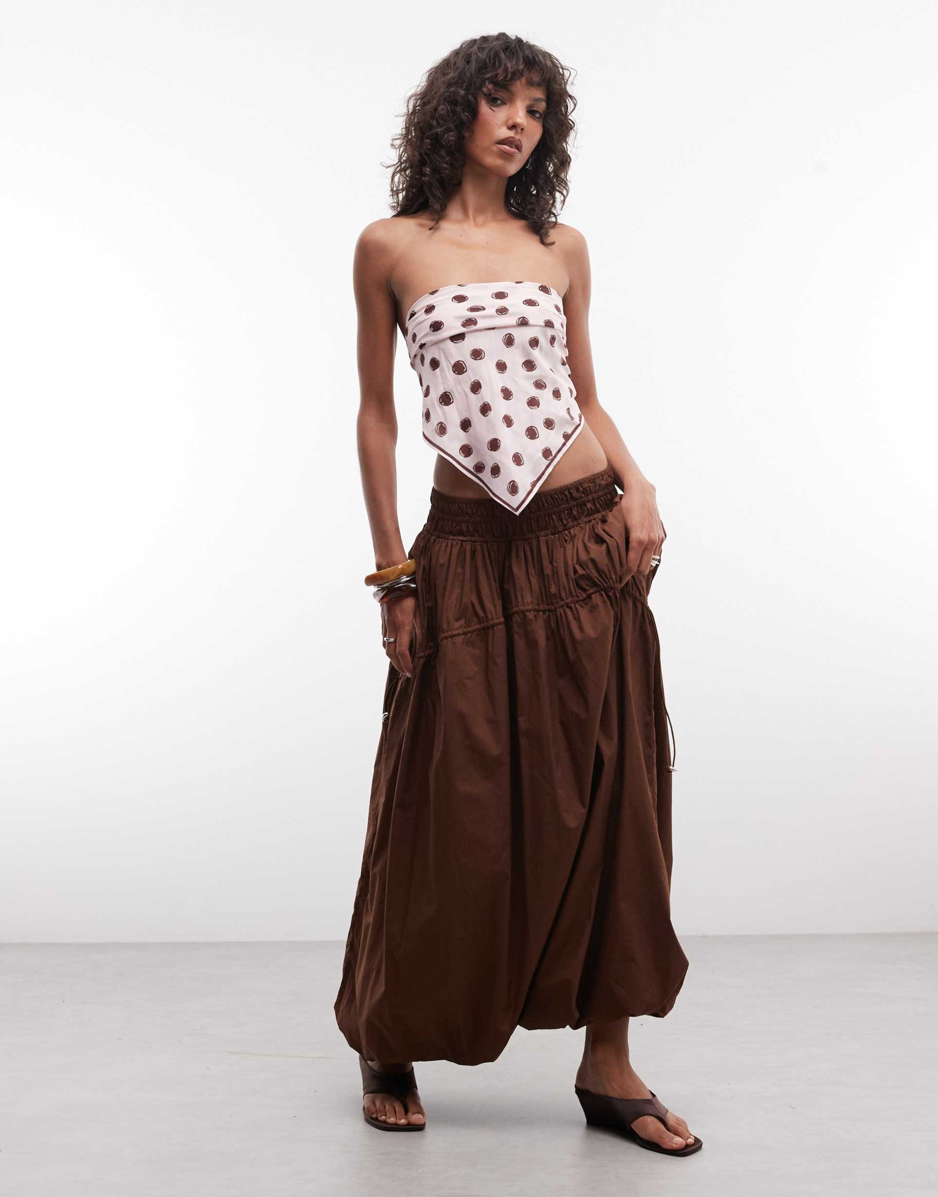asos design adjustable drawstring pocket detail volume midi skirt in brown