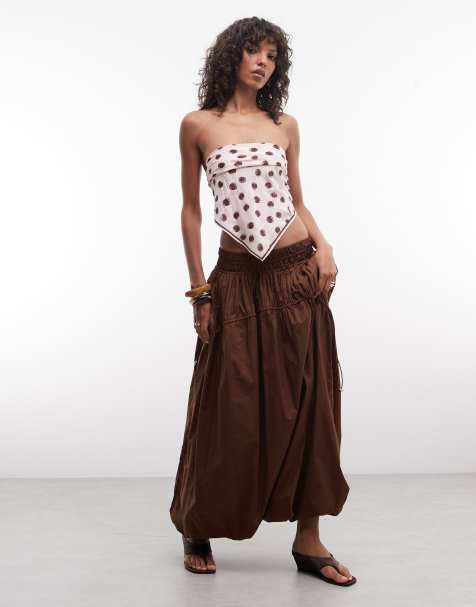ASOS DESIGN adjustable drawstring pocket detail volume midi skirt in brown