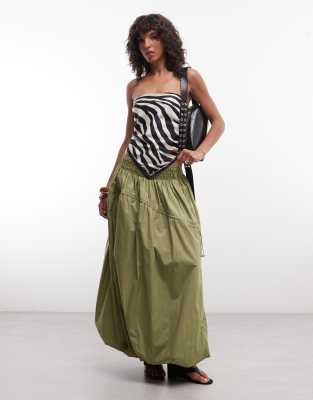 Asos Design Adjustable Drawstring Pocket Detail Volume Midi Skirt In Green