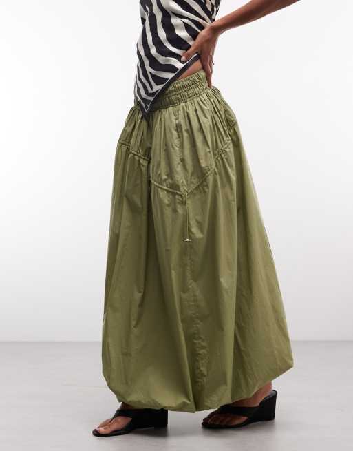 ASOS DESIGN adjustable drawstring pocket detail volume midi skirt in sage, 2 of 5