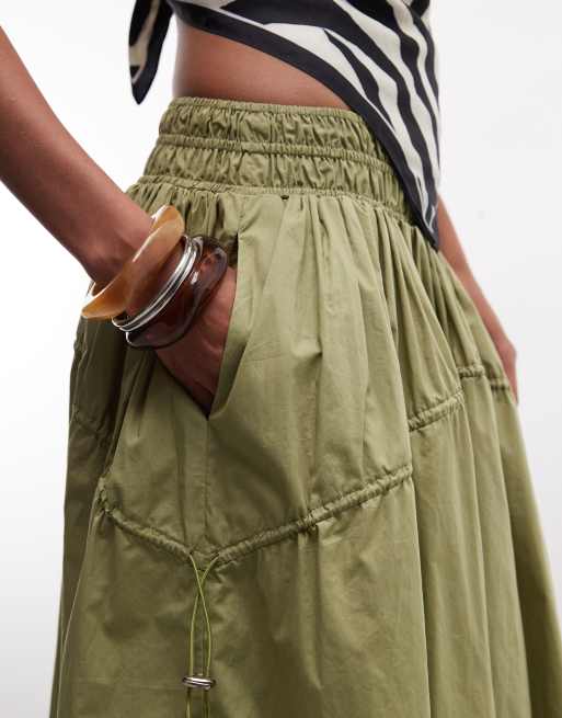ASOS DESIGN adjustable drawstring pocket detail volume midi skirt in sage, 3 of 5