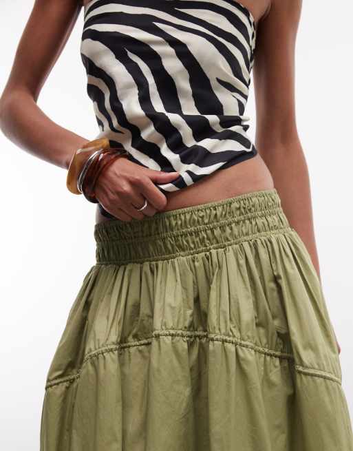 ASOS DESIGN adjustable drawstring pocket detail volume midi skirt in sage, 4 of 5