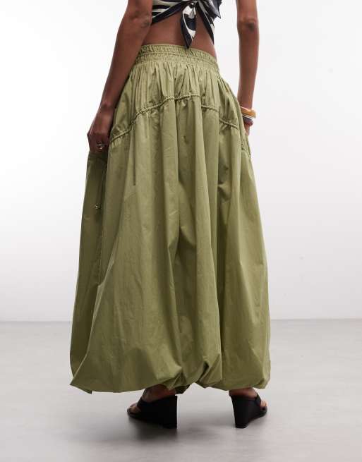 ASOS DESIGN adjustable drawstring pocket detail volume midi skirt in sage, 5 of 5