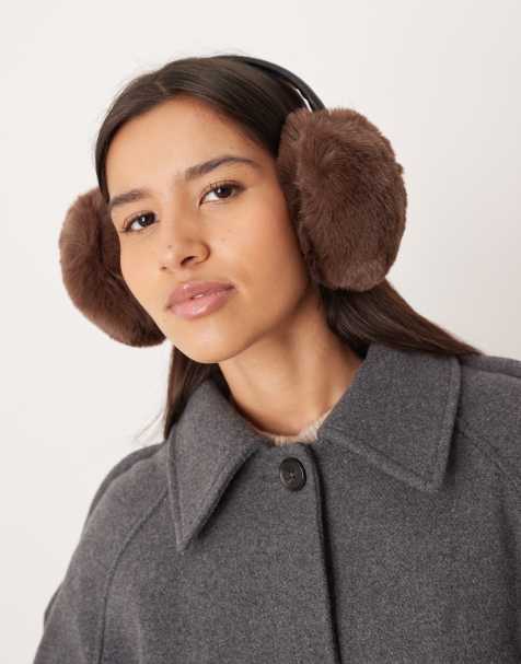 ASOS DESIGN adjustable ear muffs in brown faux fur - view 1
