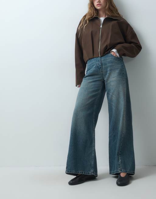 ASOS DESIGN adjustable waistband straight leg jeans in blue vintage wash, 1 of 5