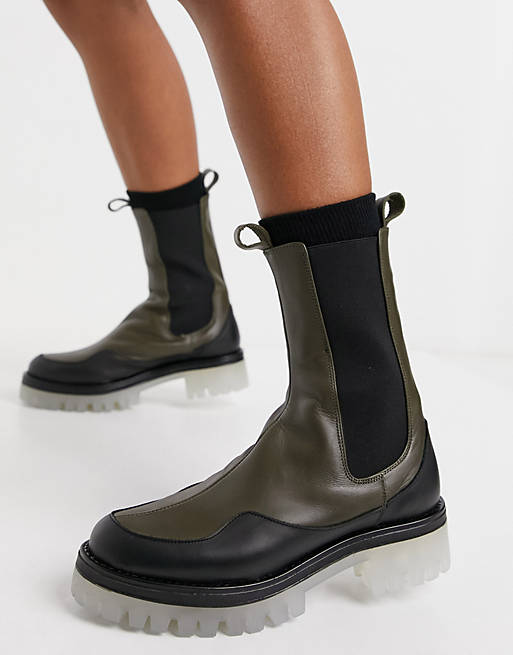ASOS DESIGN Admire premium leather chunky chelsea boots in khaki | ASOS