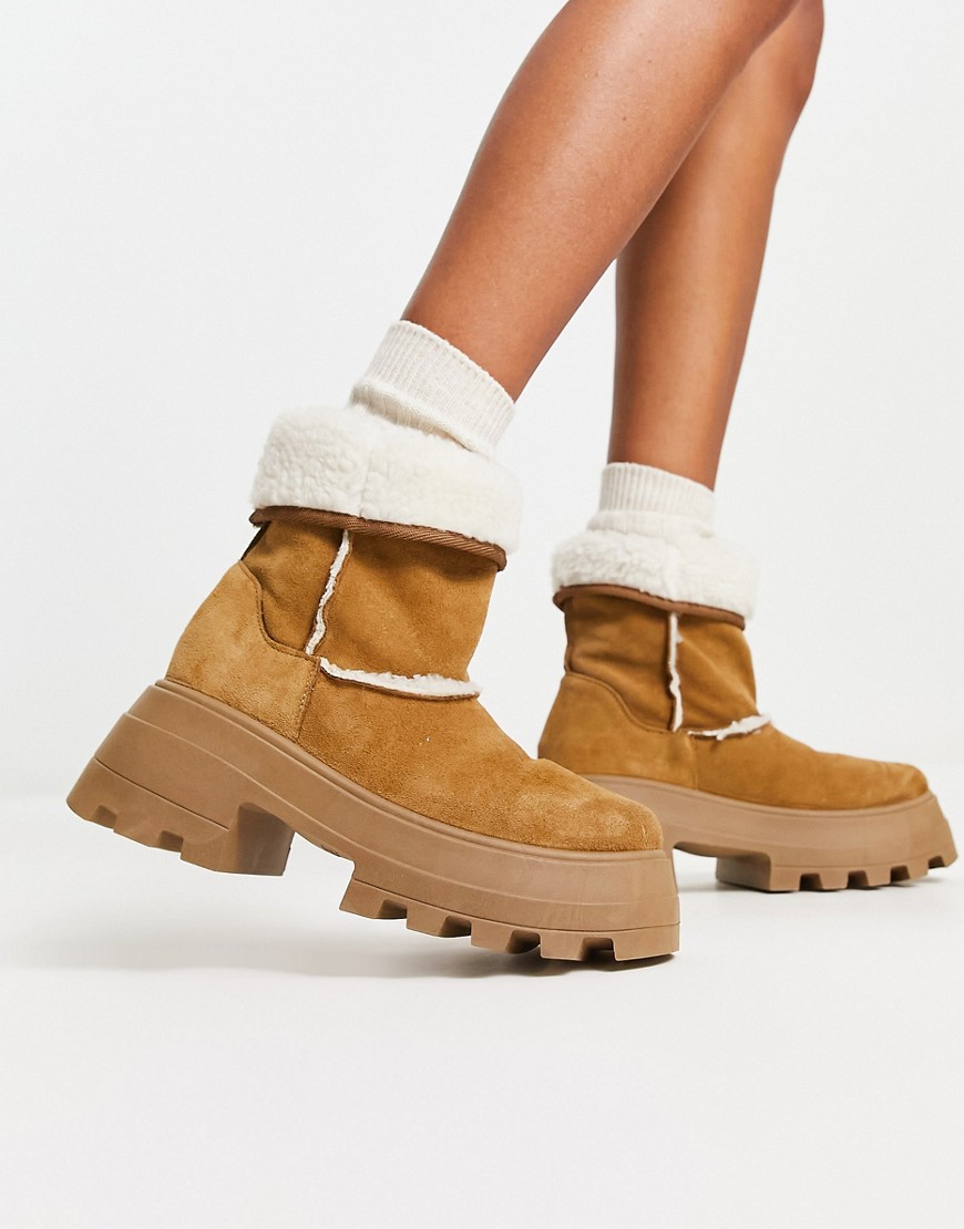 Asos Design Adriana Suede Chunky Borg Lined Boots In Chestnut-brown