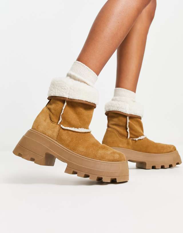 ASOS DESIGN Adriana suede chunky borg lined boots in chestnut