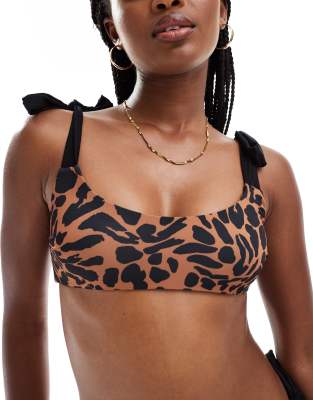 ASOS DESIGN - Adrienne - Kurzes Bikinioberteil mit Bindebändern und übergroßem Animalprint-Bunt