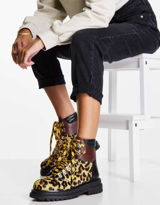 Asos Design Adrift Chunky Lace Up Hiker Boots In Tan And Leopard Mix Asos