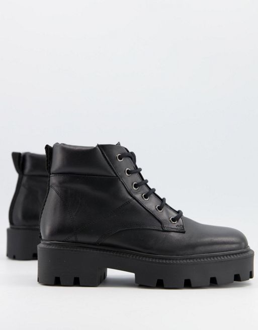 ASOS DESIGN Advance leather square toe chunky lace up boots in black | ASOS