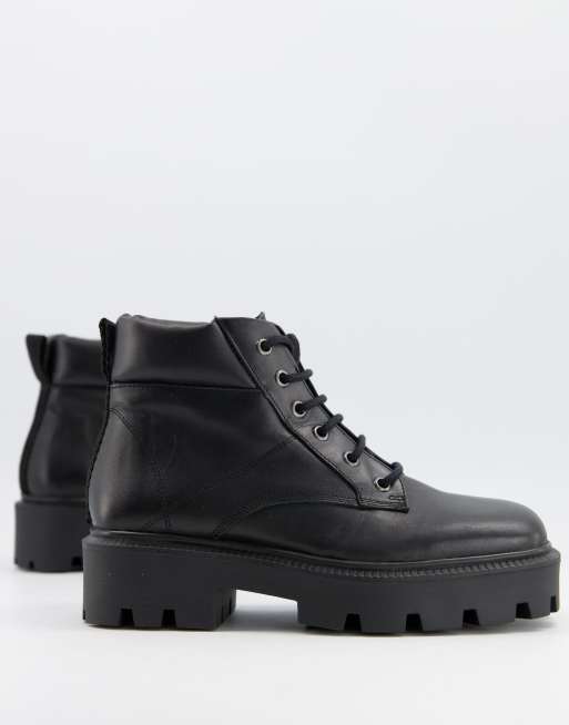 ASOS DESIGN Advance leather square toe chunky lace up boots in black