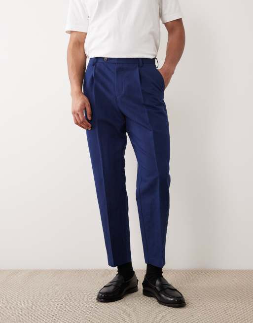 ASOS DESIGN - Afslappede og tapered marineblå habitbukser i hørrigt stof, 2 af 5