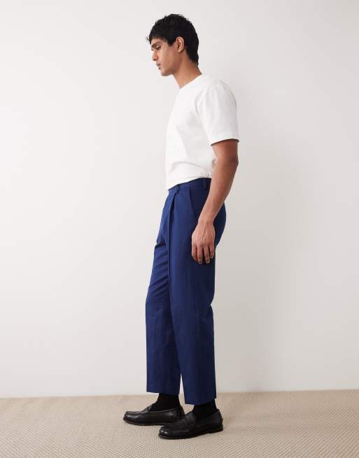 ASOS DESIGN - Afslappede og tapered marineblå habitbukser i hørrigt stof, 3 af 5