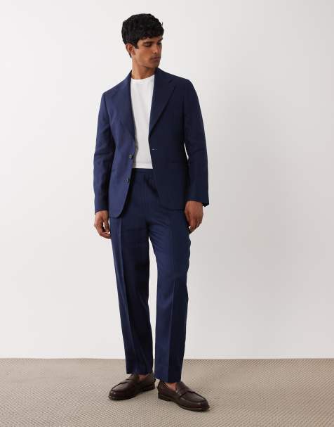 ASOS DESIGN afslappede tapered habitbukser i premium hørblanding i navy - view 1