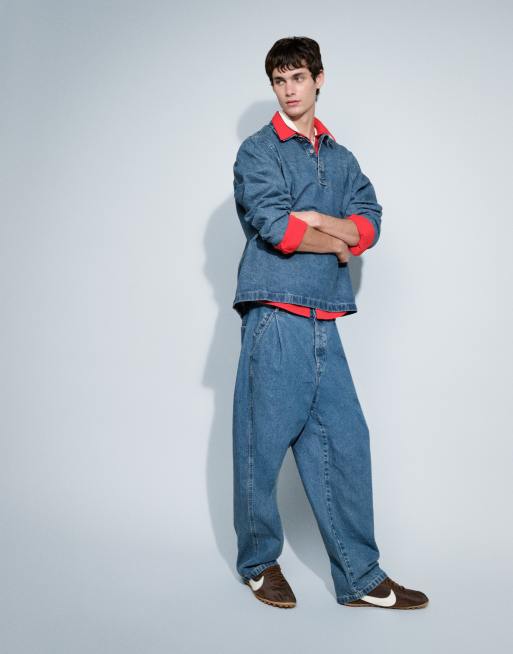 ASOS DESIGN - Afslappede tapered jeans i blå mellemvask med plisseringer og spænde, 3 af 9