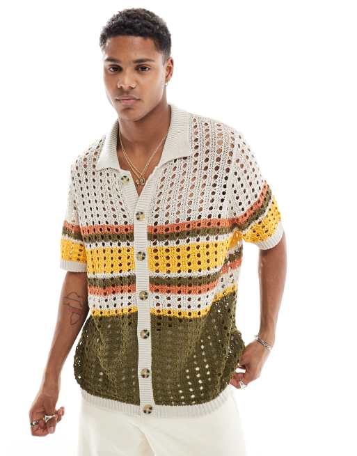 ASOS DESIGN - Afslappet beige polo med gennemgående knapper og hulmønster i strik, 2 af 4