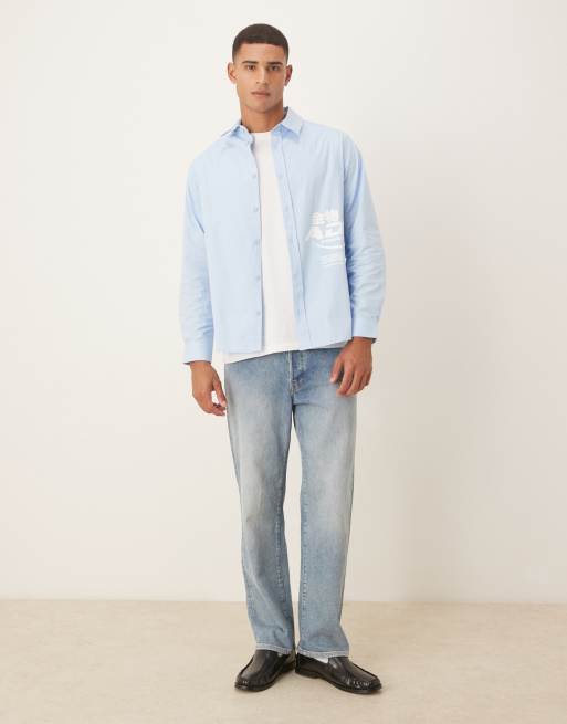 ASOS DESIGN - Afslappet blå poplin-skjorte med firkantet krave og print, 2 af 5