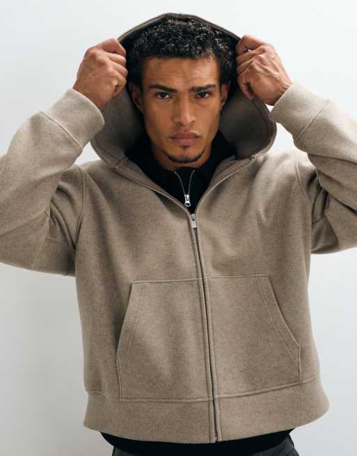ASOS DESIGN afslappet boxy hoodie med lynlås og uldlook i beige, 3 af 5