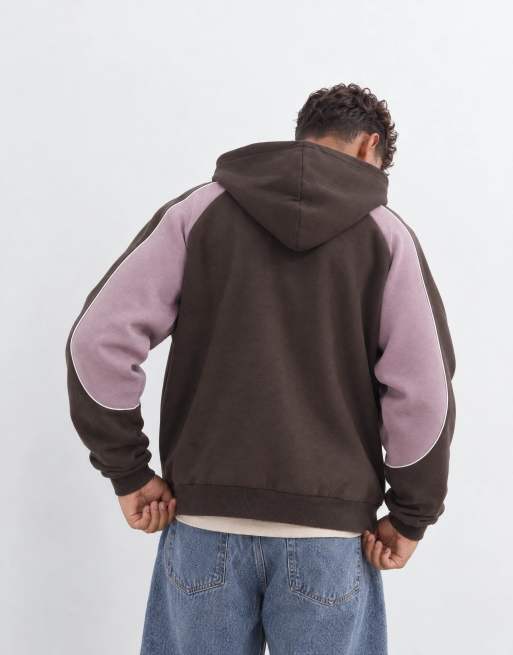 ASOS DESIGN afslappet boxy hættetrøje med lynlås, print, cut and sew og paspel i brun, 7 af 9