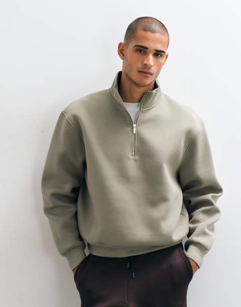 ASOS DESIGN afslappet boxy sweatshirt med ståkrave og halv lynlås i scuba-lignende stof i khaki - view 1