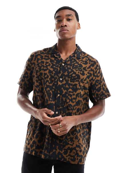 ASOS DESIGN - Afslappet brun og sort skjorte med reverskrave og leopardprint - view 1