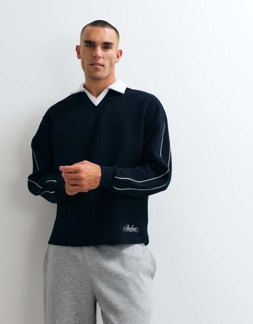 ASOS DESIGN afslappet bubble-sweatshirt i sildebensmønster med piping og broderidetaljer i navy, 5 af 5