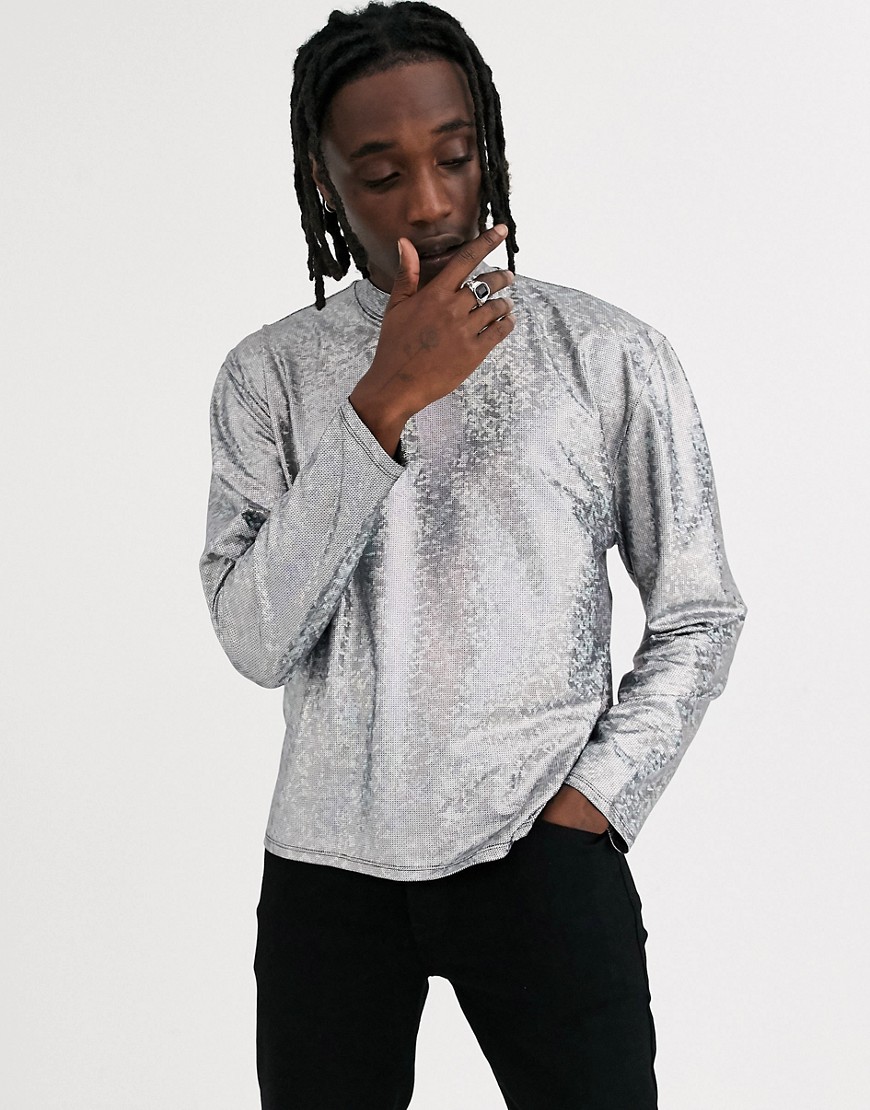 ASOS DESIGN – afslappet cropped t-shirt med lange ærmer og rullekrave i holografisk sølvstof