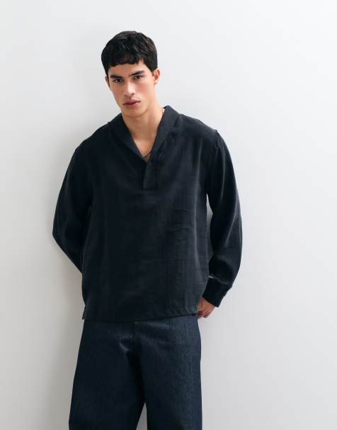 ASOS DESIGN afslappet, faldende skjorte med sjalskrave i sort - view 1