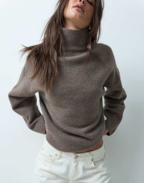 ASOS DESIGN afslappet fluffy striktrøje med høj hals i mocha - view 1