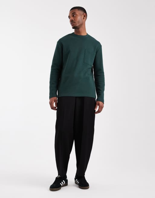 ASOS DESIGN - Afslappet grøn T-shirt med lange ærmer og vaffeltekstur , 2 af 5