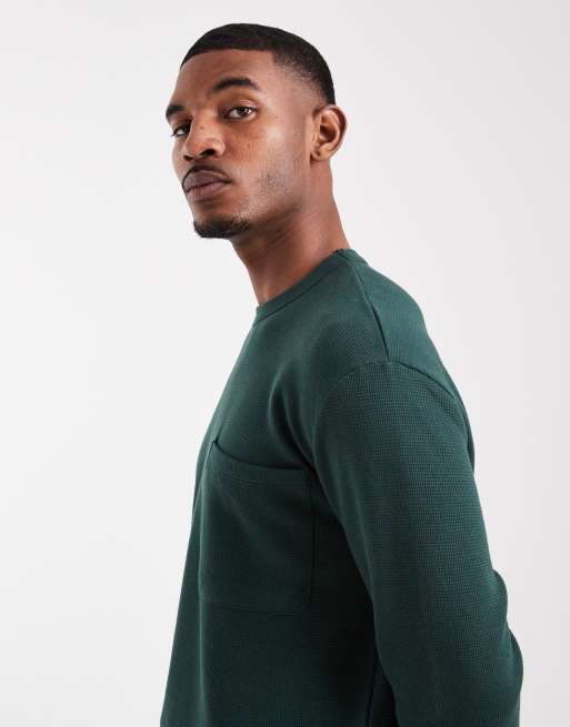 ASOS DESIGN - Afslappet grøn T-shirt med lange ærmer og vaffeltekstur , 4 af 5