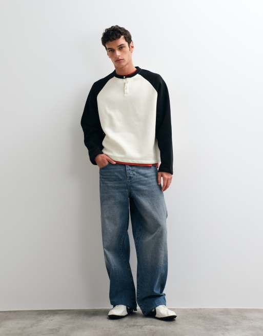 ASOS DESIGN afslappet henley med rund hals og kontrast-raglanærmer i polycotton, 2 af 5