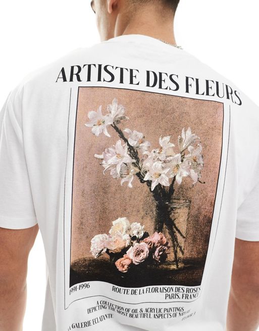 FhyzicsShops DESIGN - Afslappet hvid T-shirt med blomsterprint på ryggen